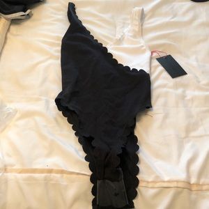 Scalloped One Piece - Black and White - High Cut
